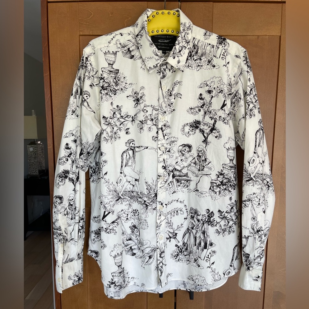 EIGHTEEN WAITS Men's Long Sleeve Black & Ivory Graphic Button-Up Shirt, XL